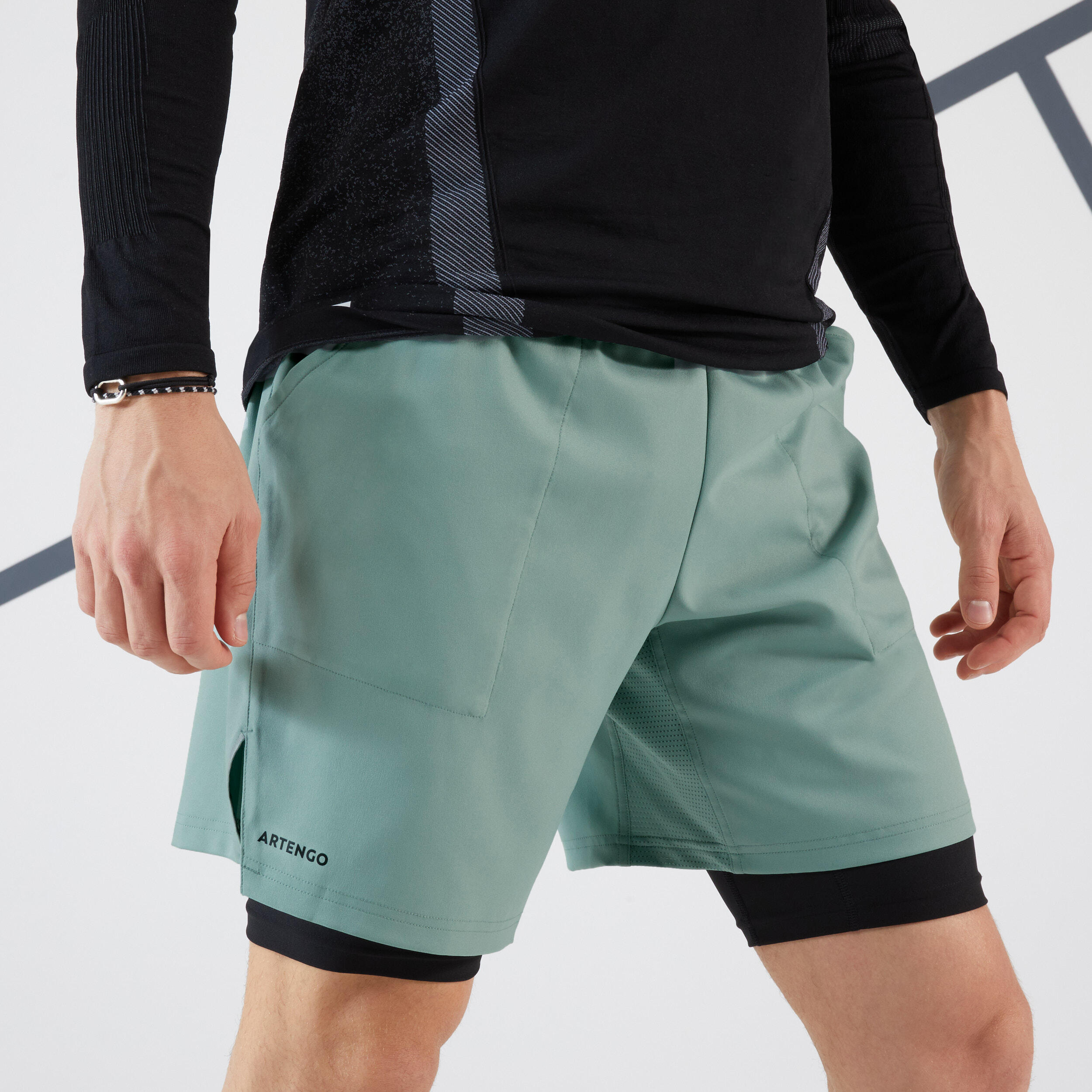 Men's Tennis 2-in-1 Shorts and Undershorts Thermic - Greyish Green/Black 2/7