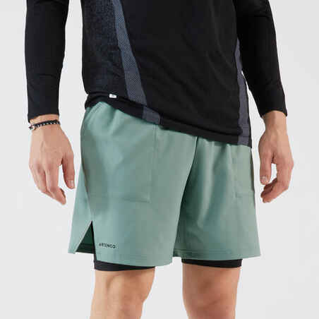 Men's Tennis 2-in-1 Shorts and Undershorts Thermic - Greyish Green/Black