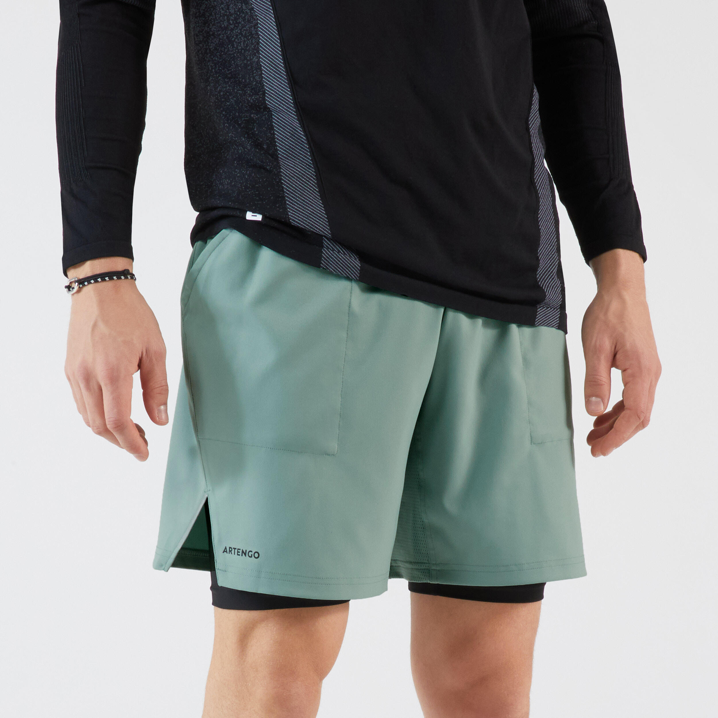 Men's Tennis 2-in-1 Shorts and Undershorts Thermic - Greyish Green/Black 4/7
