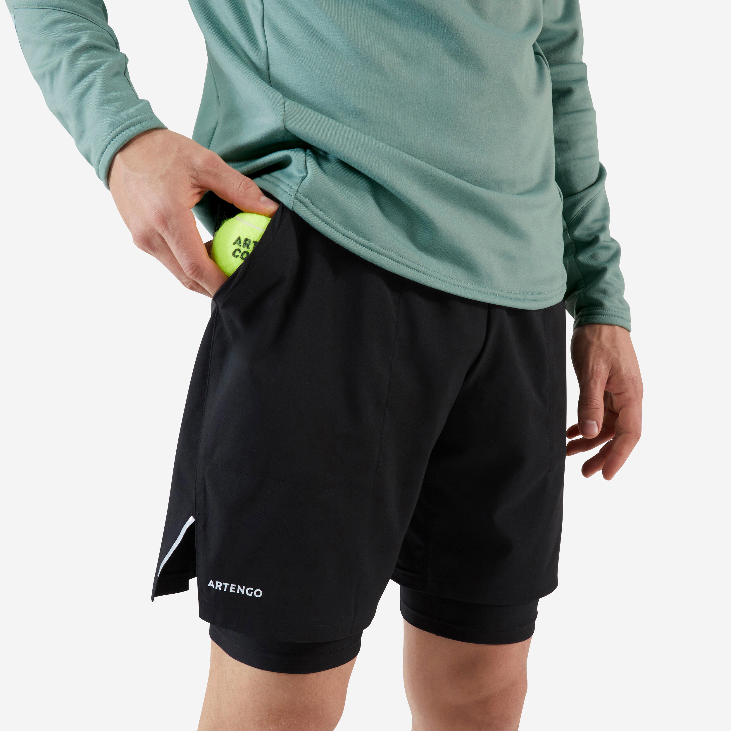 ARTENGO Men's Tennis 2-in-1 Shorts and Undershorts Thermic - Black/Black