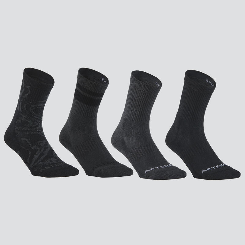 CHAUSSETTES DE TENNIS HAUTES ARTENGO RS 300 GRIS NOIR MOTIFS LOT DE 4