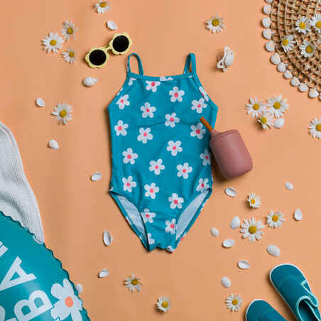 Baby Girls’ One-Piece Swimsuit Blue with Flower Print