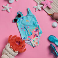 Roze jednodelni kupaći kostim za devojčice sa printom