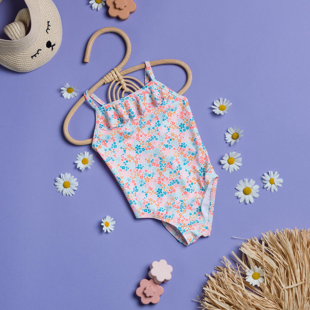Maillot de bain 1 pièce avec volants Bébé / Fille - blanc rose imprimés fleurs
