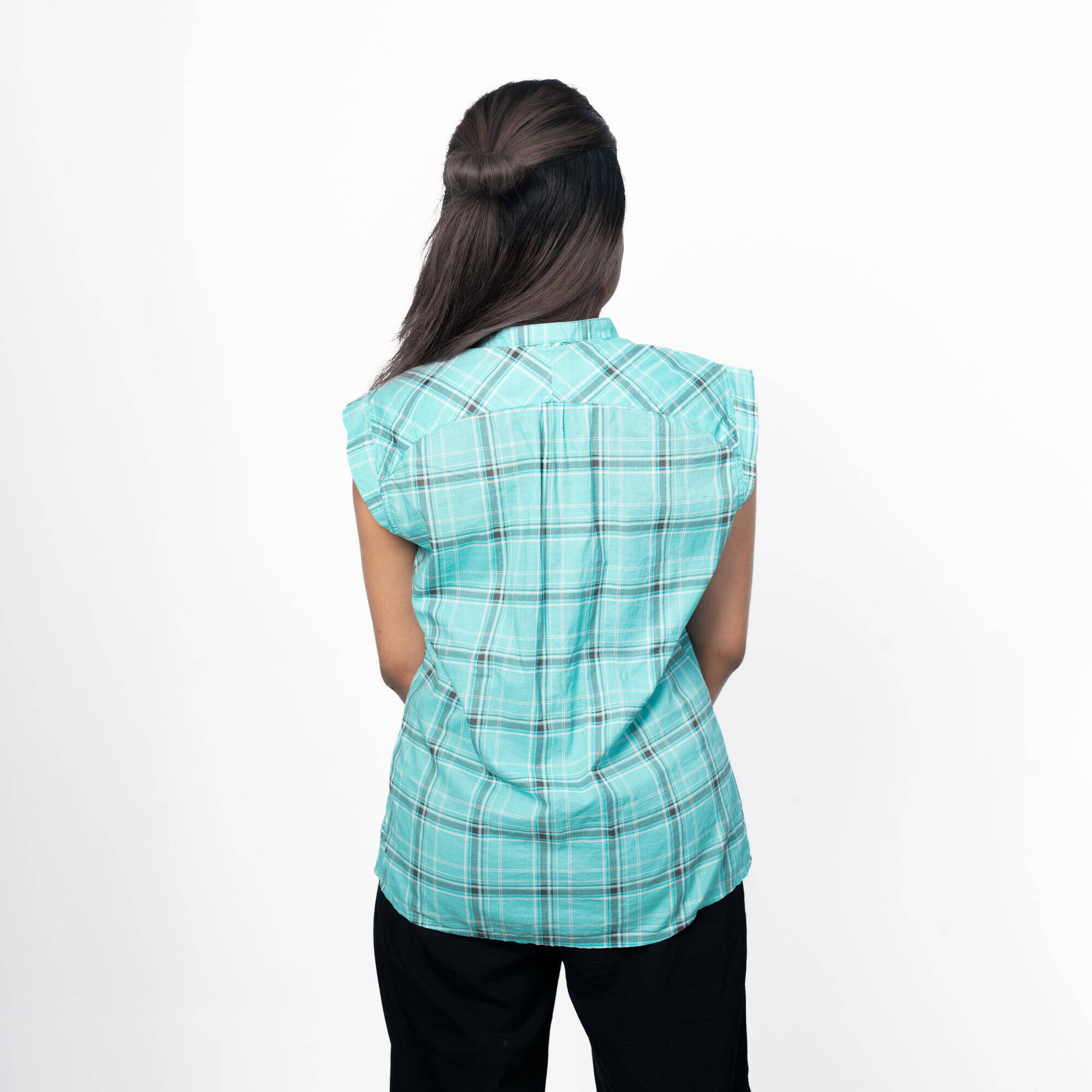 Women Checked Sleeveless Shirt Light Blue - Travel 50 -  2