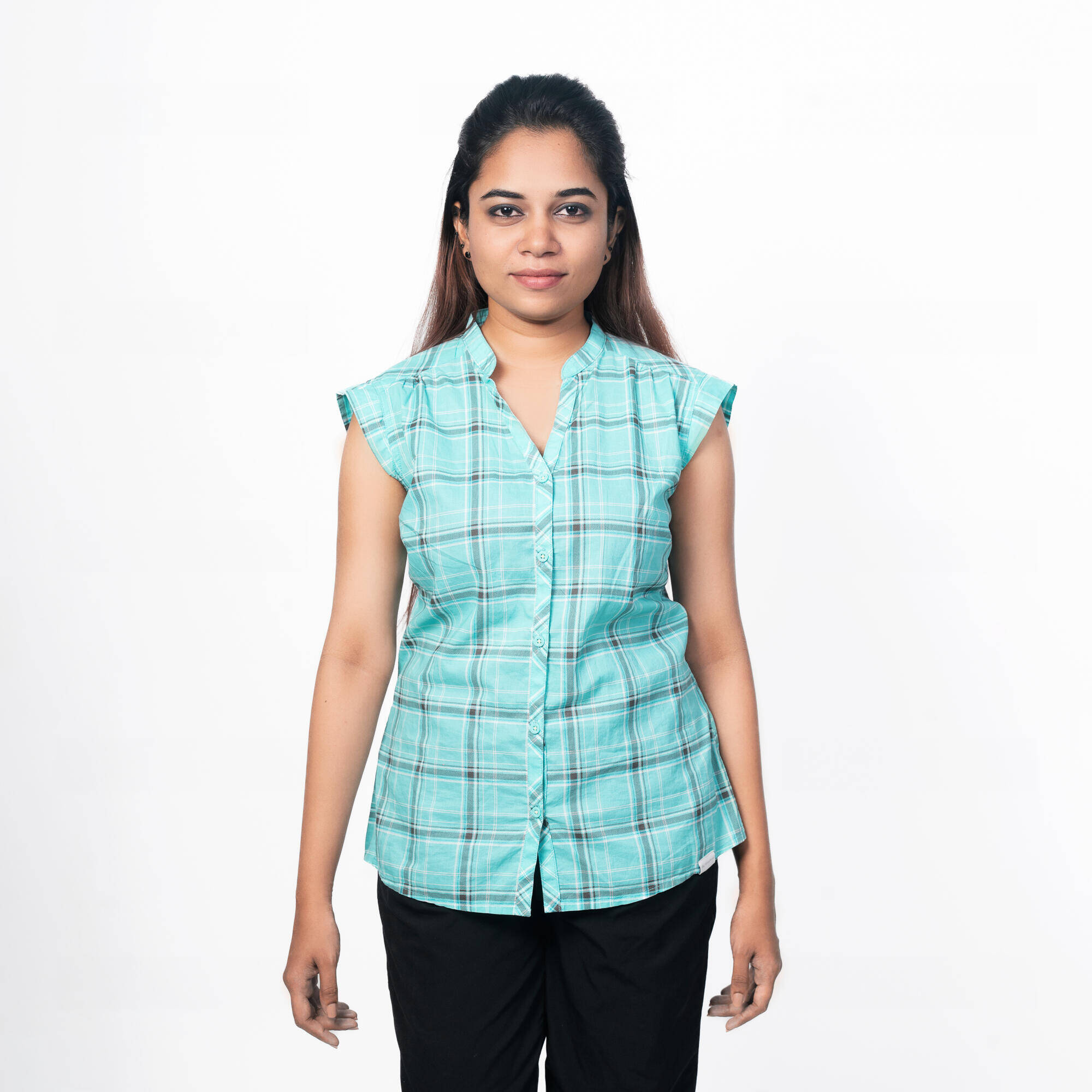 Women Checked Sleeveless Shirt Light Blue - Travel 50 -  1
