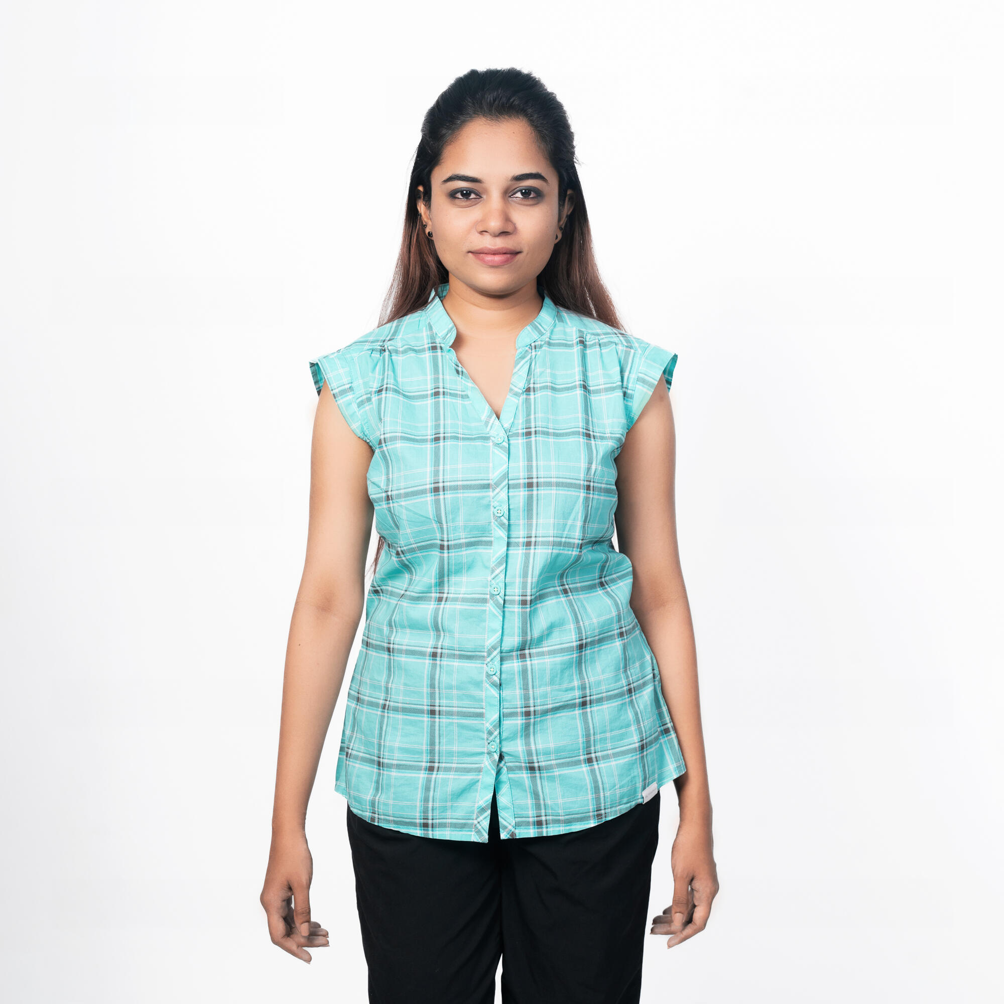 forclaz Women Checked Sleeveless Shirt Light Blue - Travel 50-picture-25