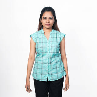 Women Checked Sleeveless Shirt Light Blue - Travel 50