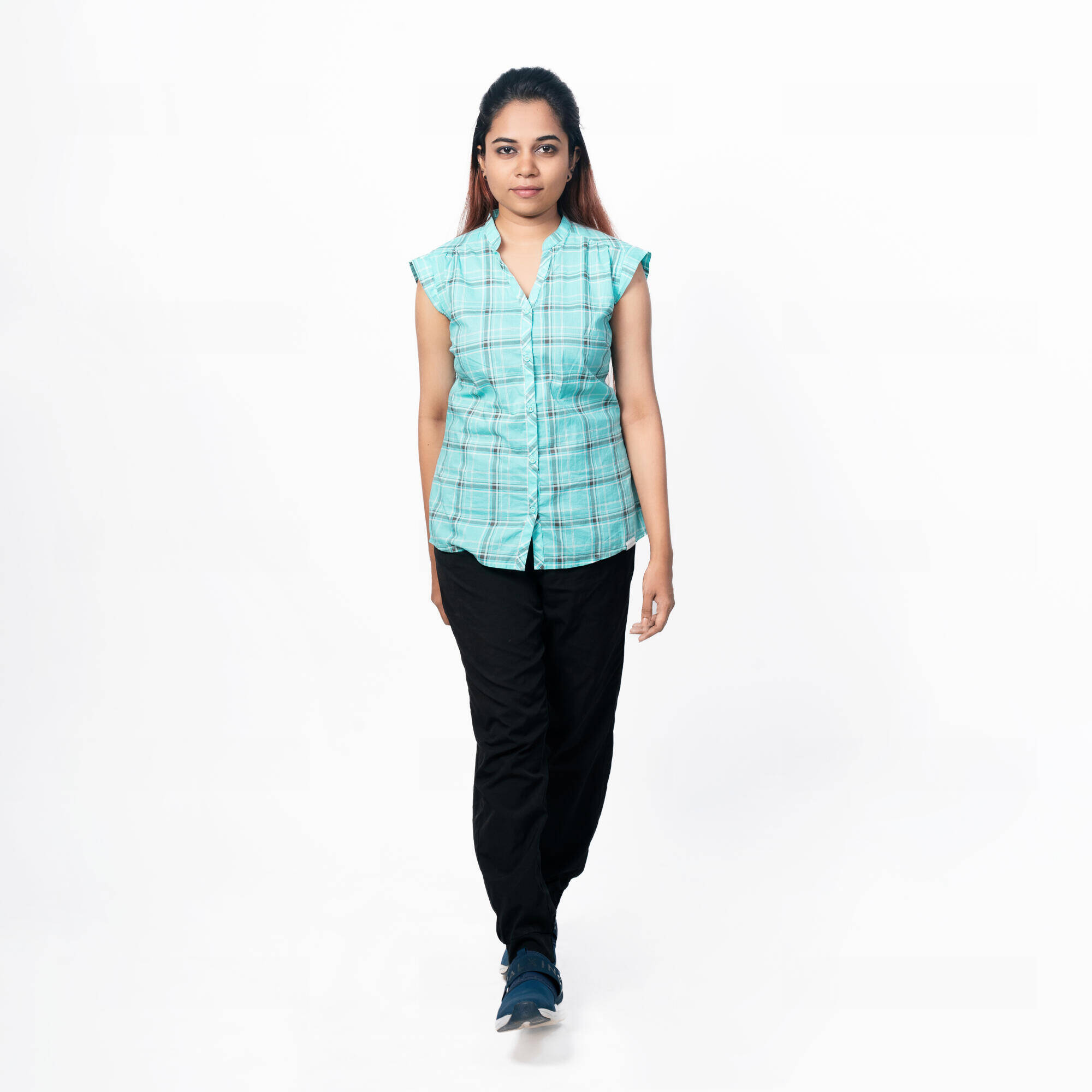Women Checked Sleeveless Shirt Light Blue - Travel 50 -  5