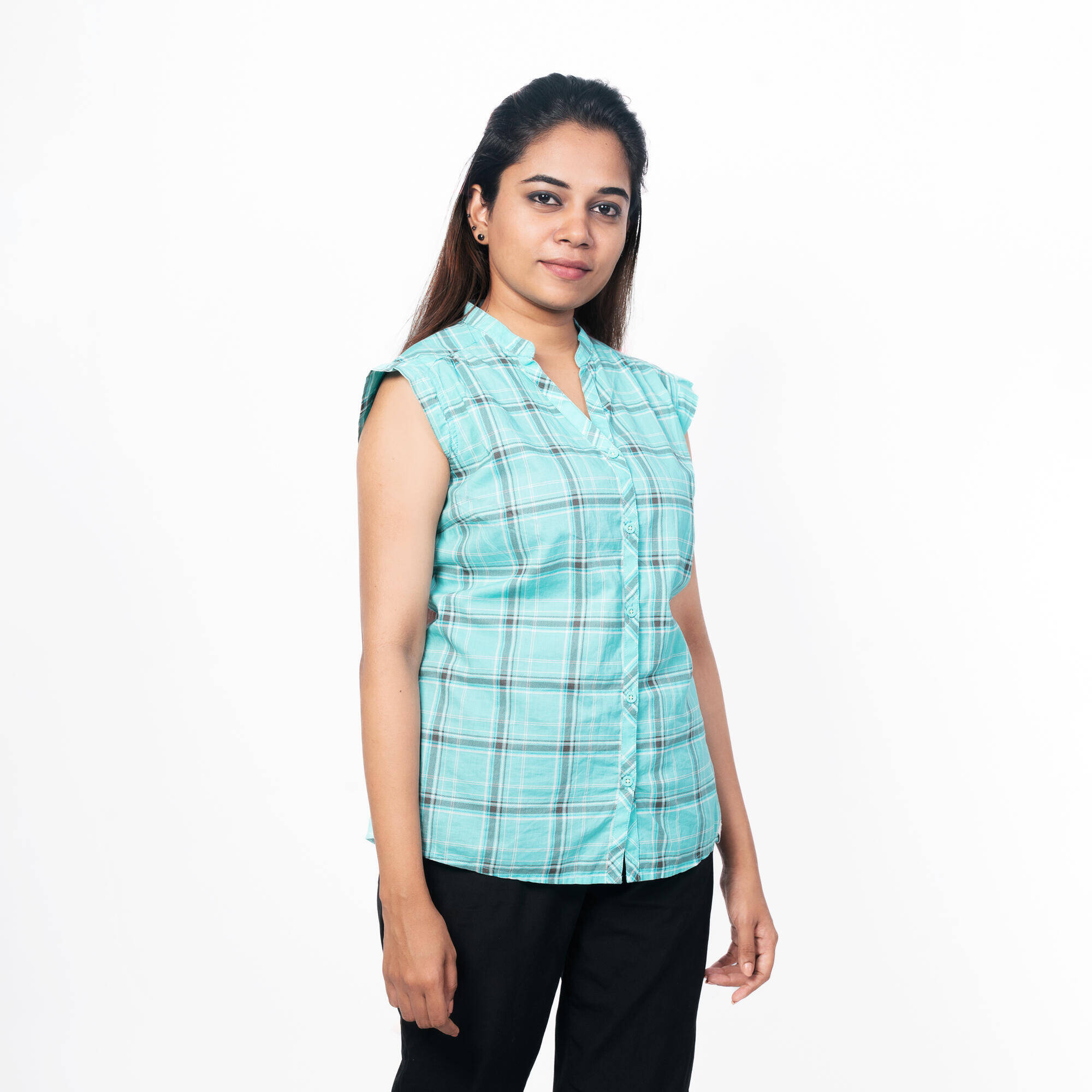 Women Checked Sleeveless Shirt Light Blue - Travel 50 -  4
