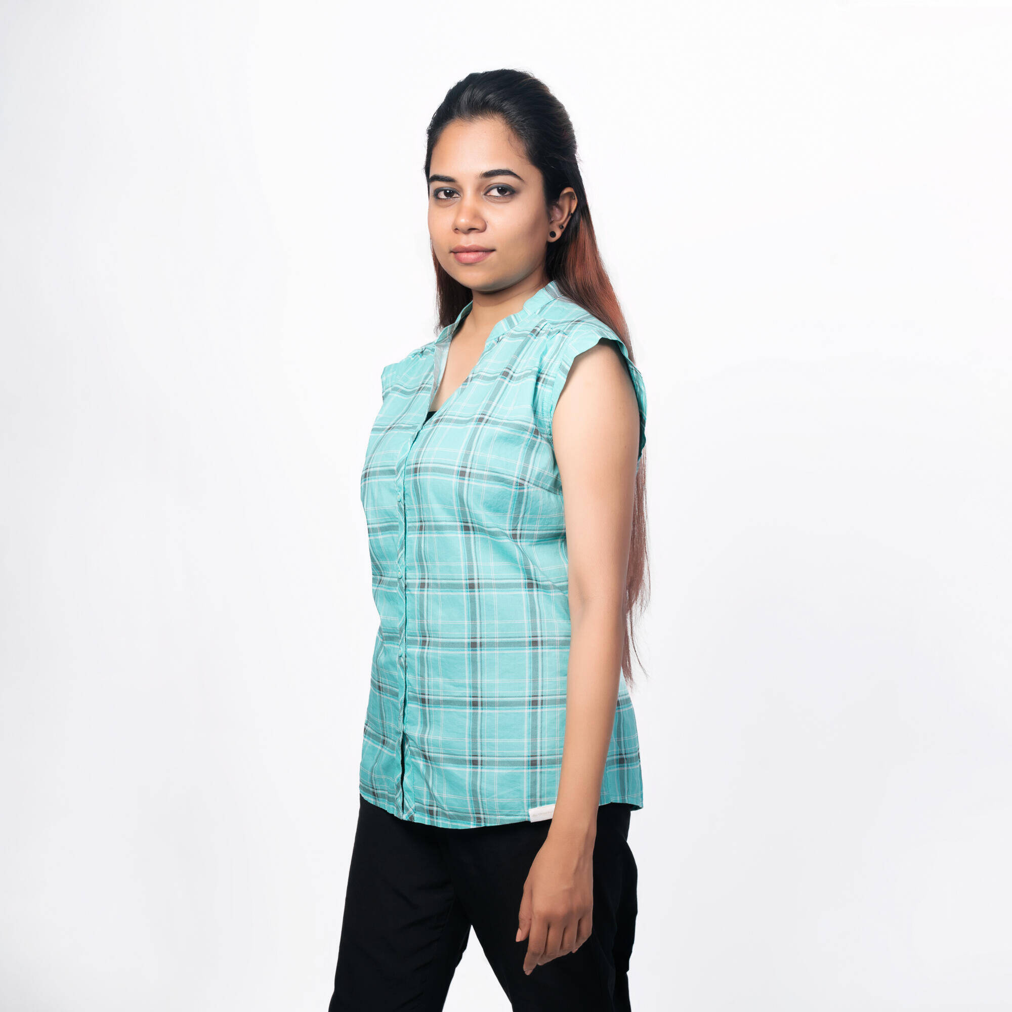 Women Checked Sleeveless Shirt Light Blue - Travel 50 -  3
