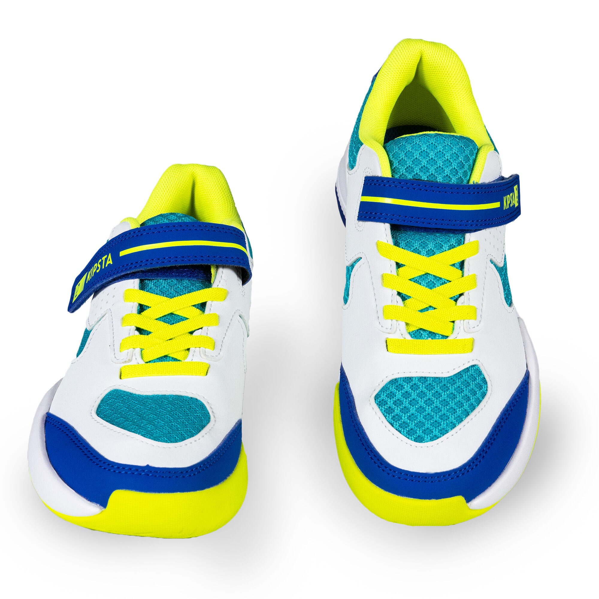 Zapatillas voleibol VS100 confort tiras autoadherentes blanca/azul y verde. 7/12