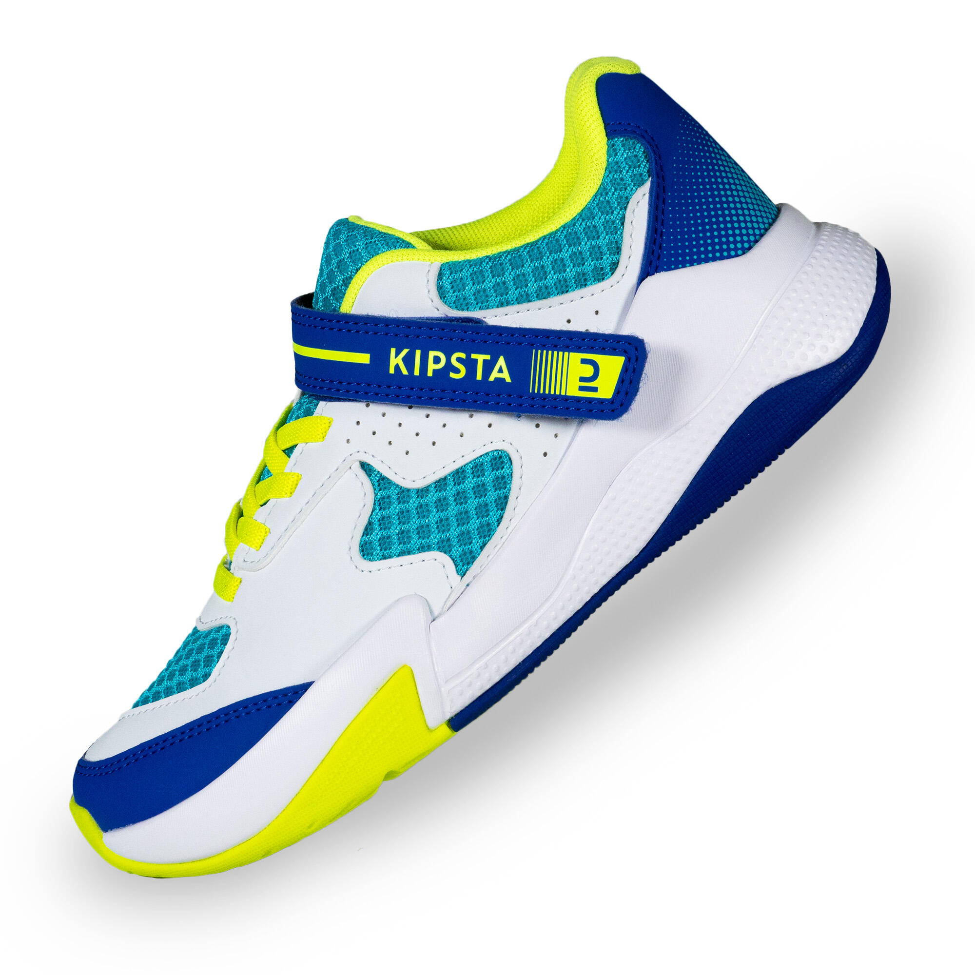 Zapatillas voleibol VS100 confort tiras autoadherentes blanca/azul y verde. 8/12