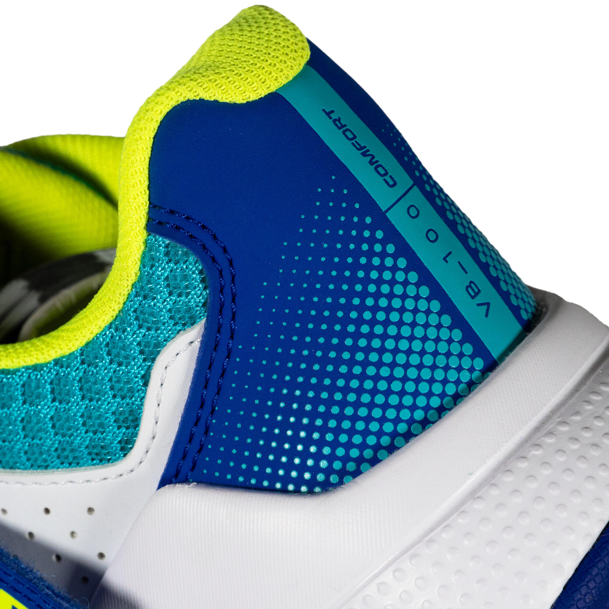 Zapatillas voleibol VS100 confort tiras autoadherentes blanca/azul y verde. 6/12
