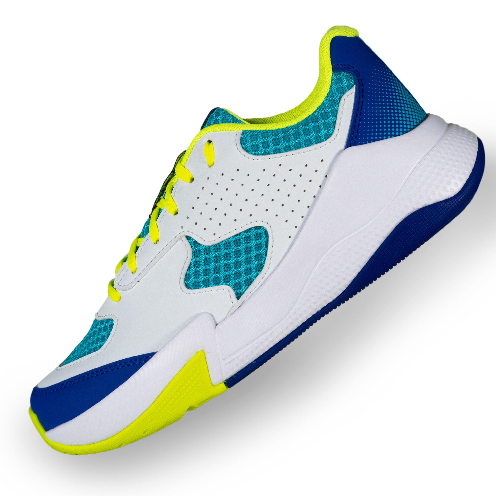 Zapatillas voleibol VS100 confort cordones blanca/azul y verde. 6/11