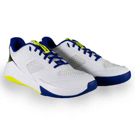 
      Adult Volleyball Shoes Comfort - White/Blue & Neon Yellow.
  