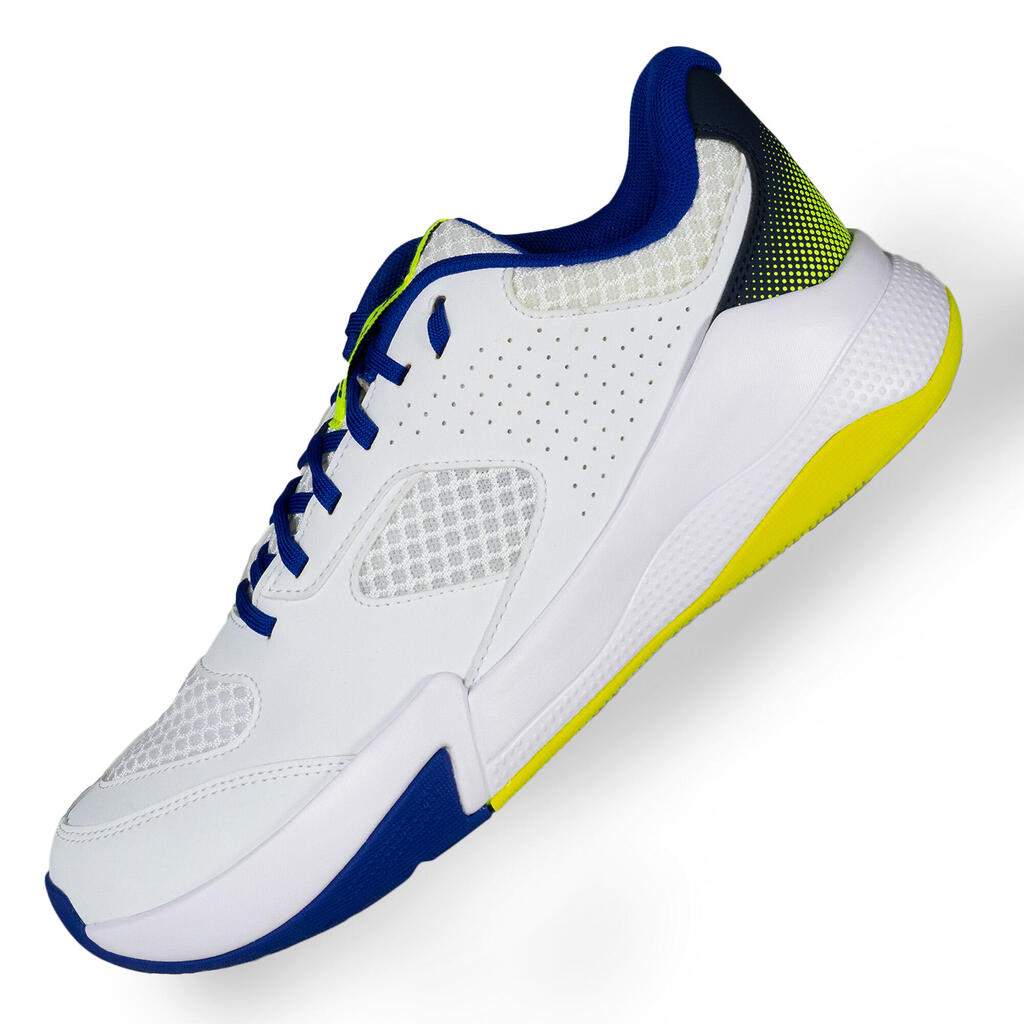 Adult Volleyball Shoes Comfort - White/Blue & Neon Yellow.