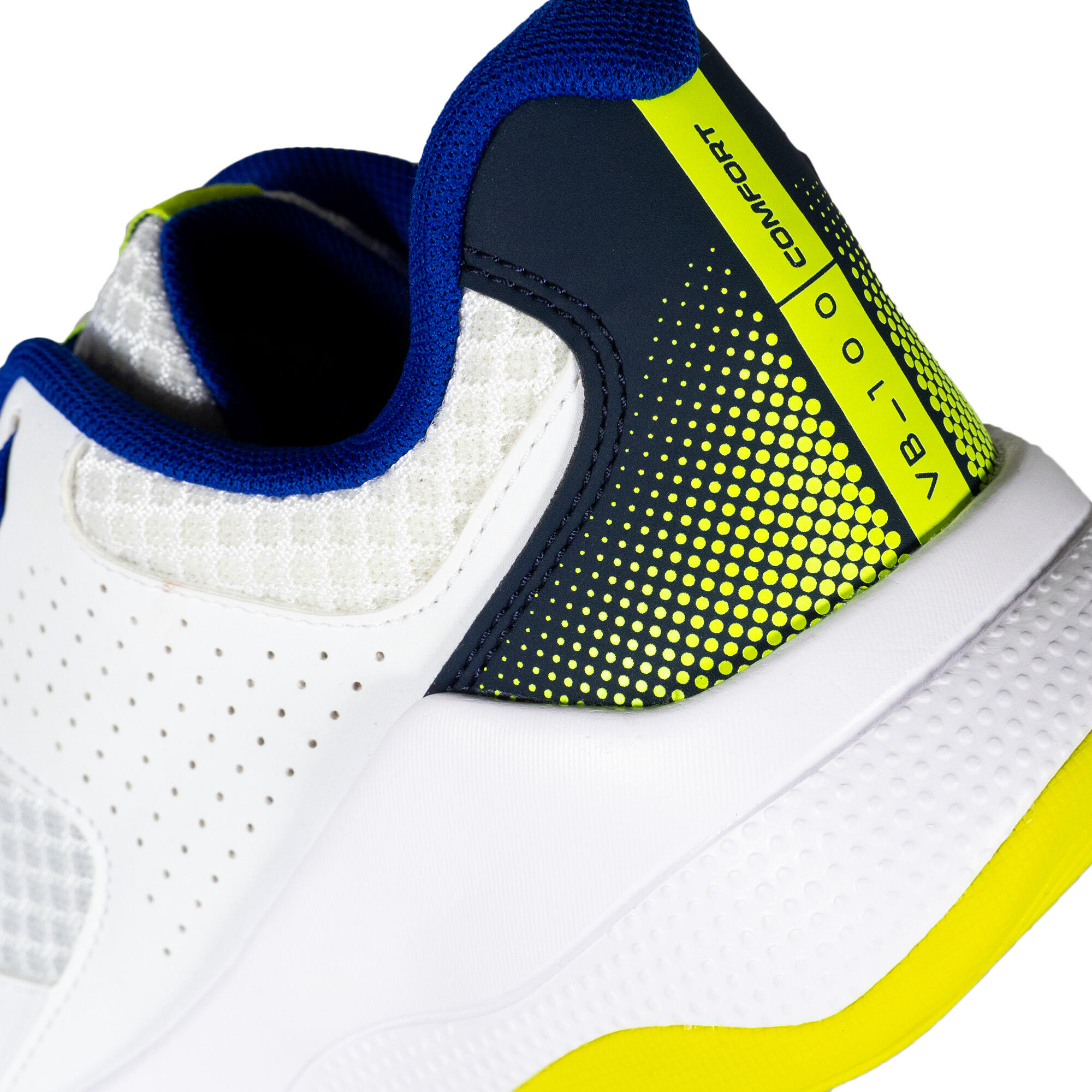 Scarpa da pallavolo comfort per adulti in bianco/blu e giallo neon.