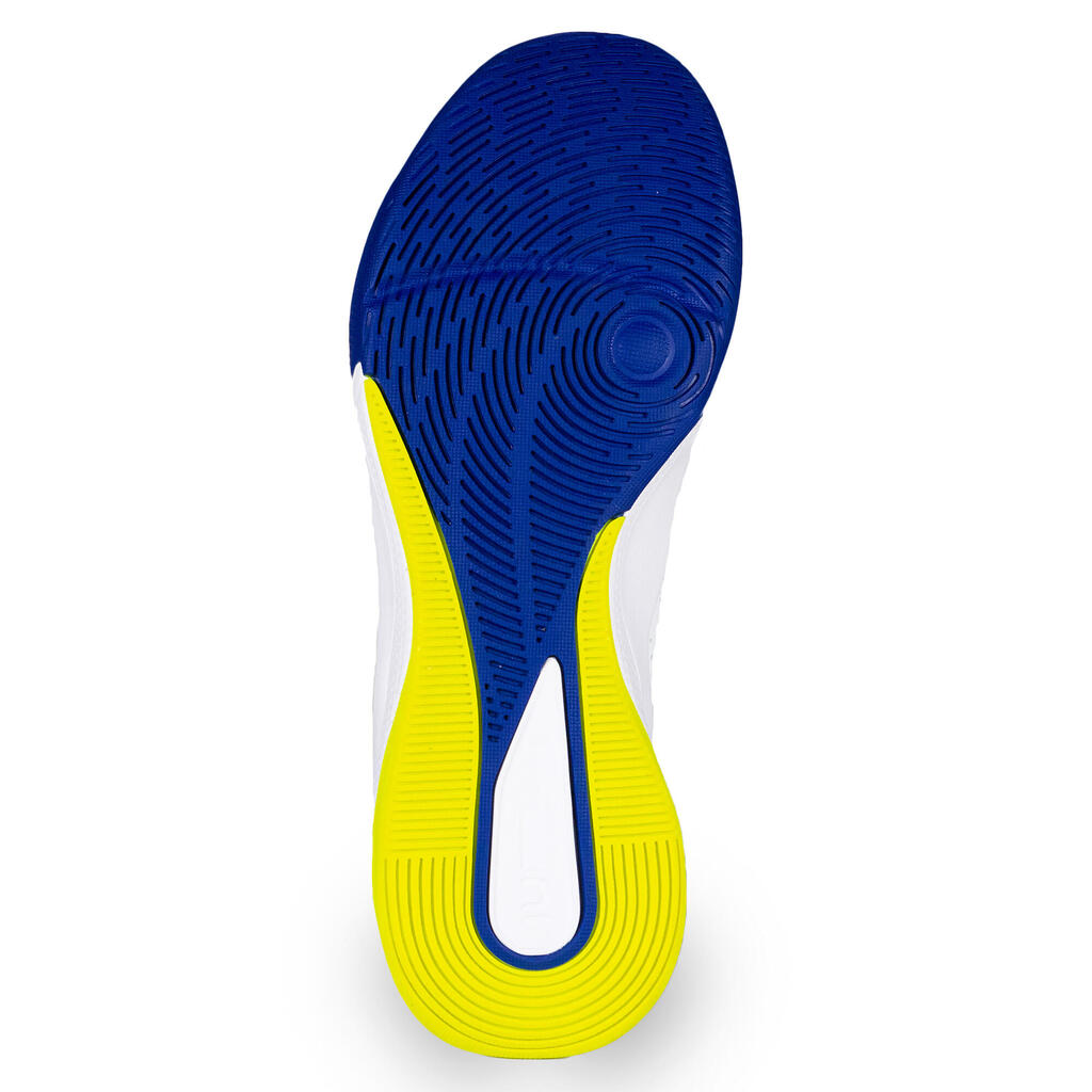 Pieaugušo volejbola apavi Comfort, balti/zili un neona dzelteni.