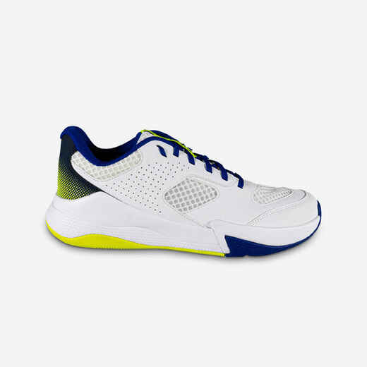 
      Adult Volleyball Shoes Comfort - White/Blue & Neon Yellow.
  