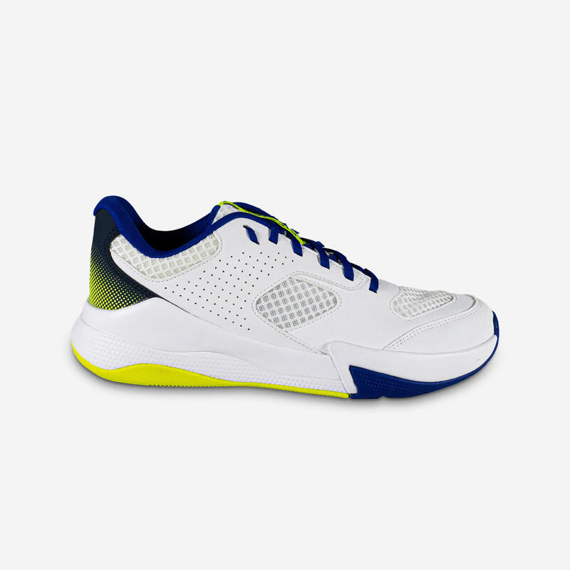 Chaussure de volley-ball adulte confort blanche/Bleu et Jaune fluo.