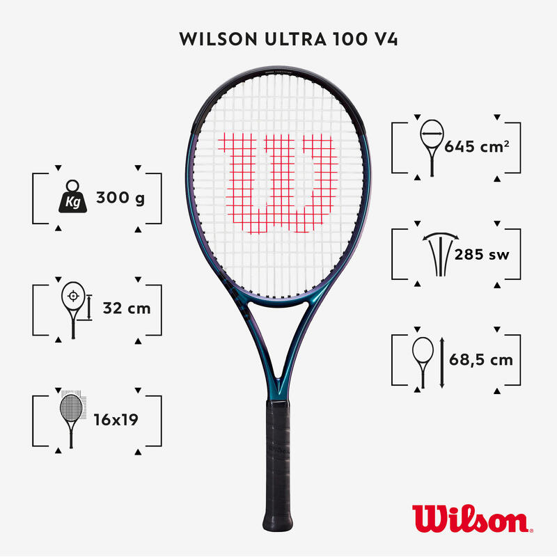Tenisová raketa Wilson Ultra 100 V4 bez výpletu modrá 300 g