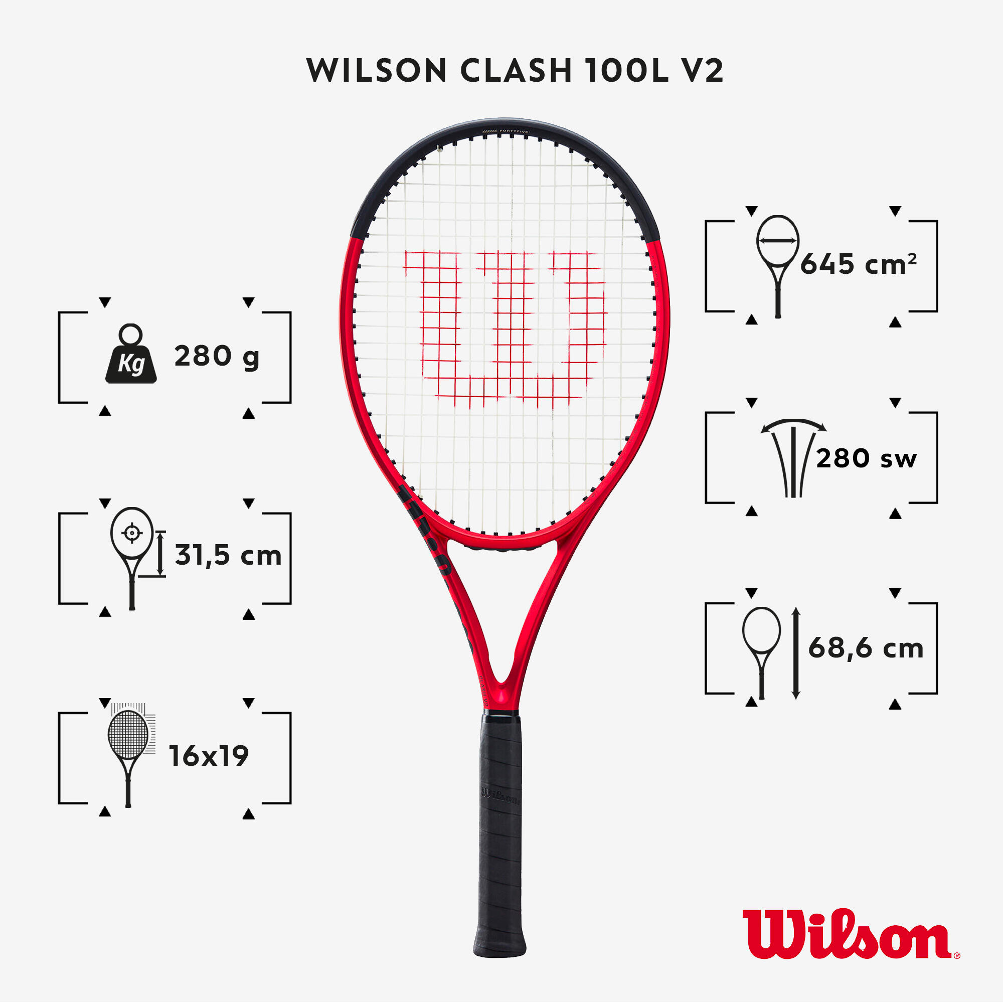 WILSON Racchetta da tennis per adulti - CLASH 100L V2 Nero Rosso 280g