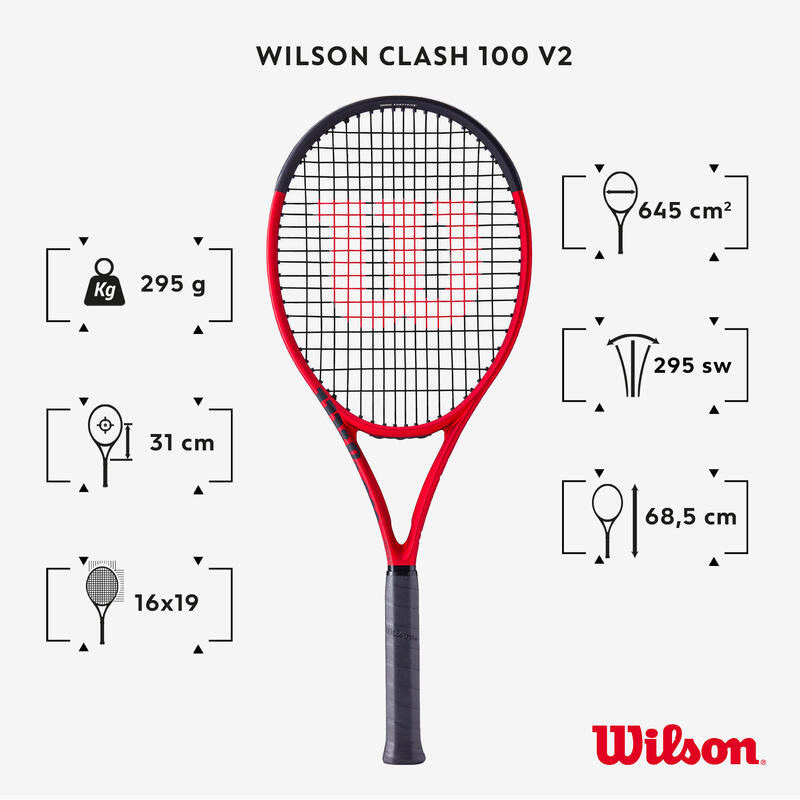 Raquette de tennis adulte - WILSON CLASH 100 V2 Noir Rouge 295g