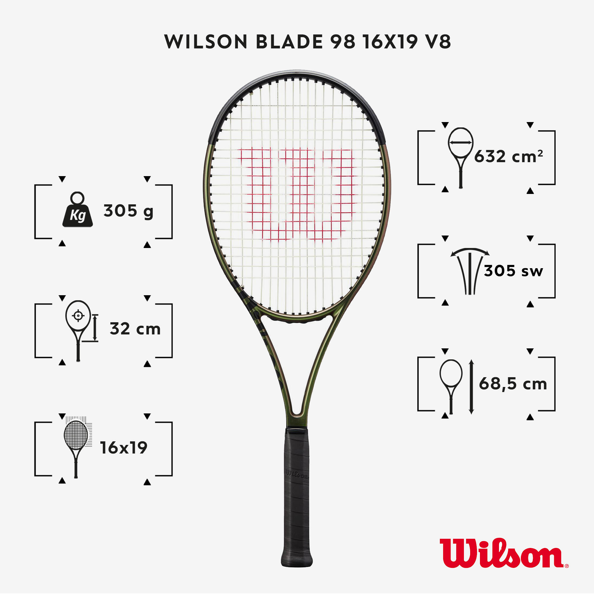 Adult Tennis Racket 98 16x19 V8 305g Unstrung - Green WILSON 