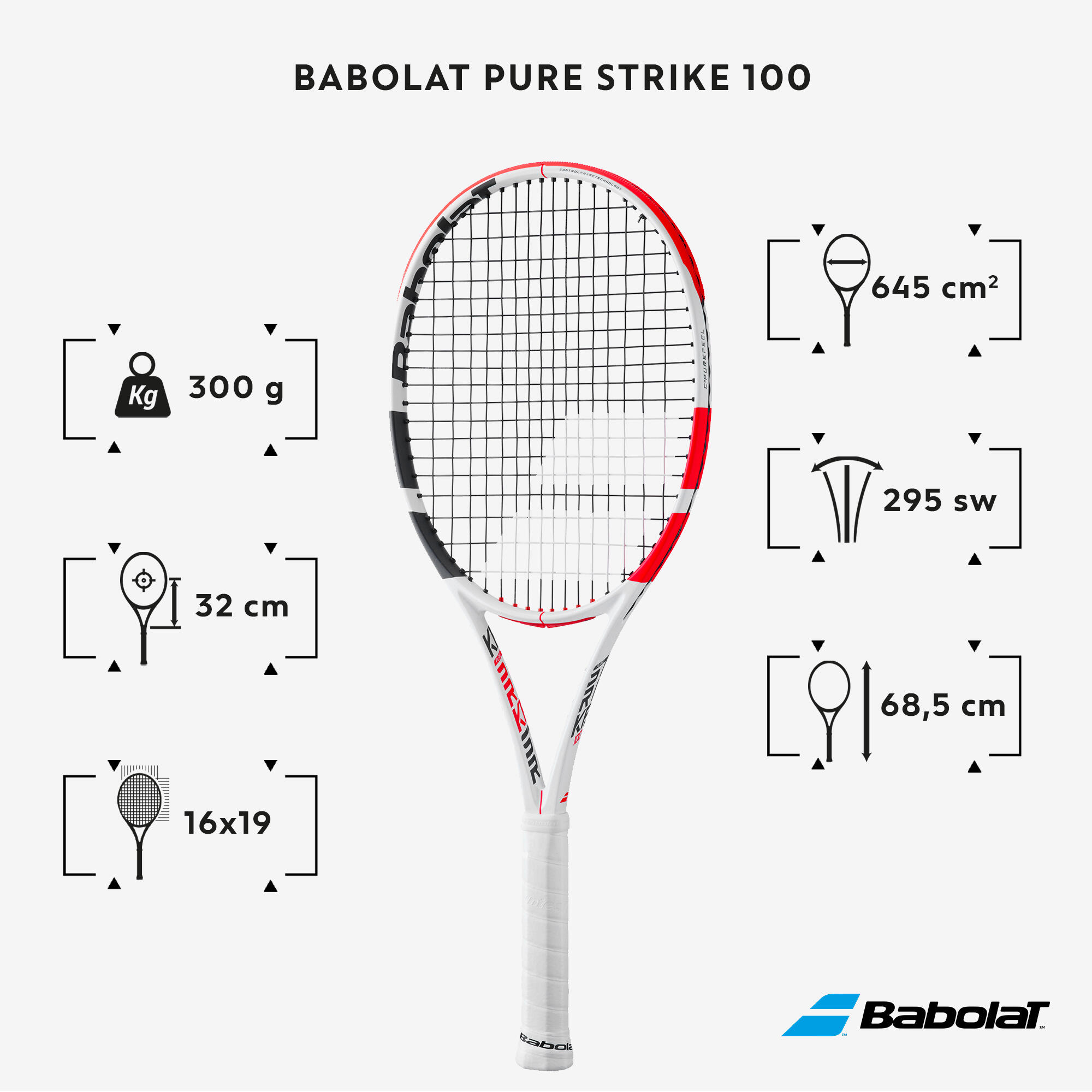 Adult Tennis Racket Pure Strike 100 White Red BABOLAT Decathlon