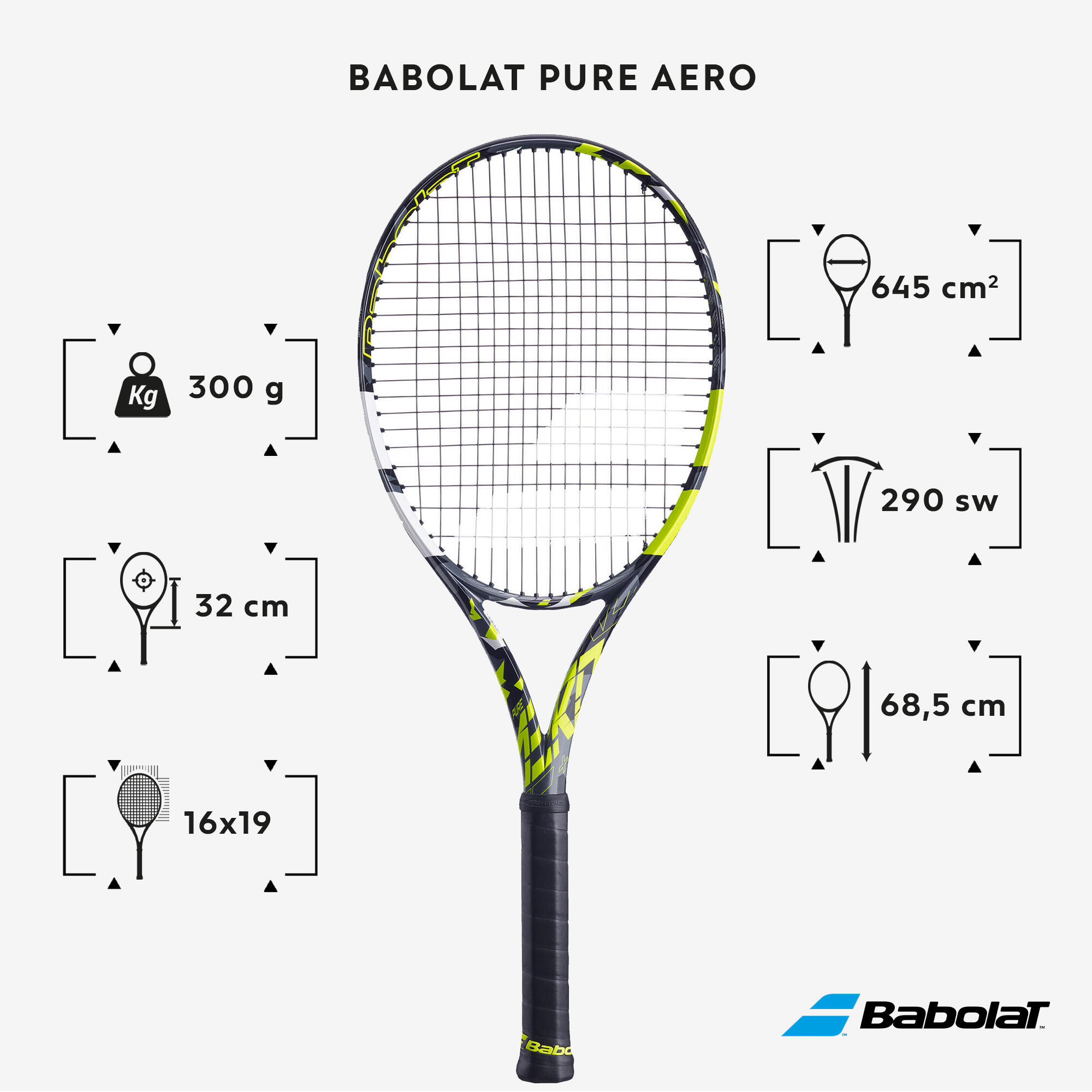 Adult Tennis Racket Pure Aero 300g Grey Yellow BABOLAT Decathlon