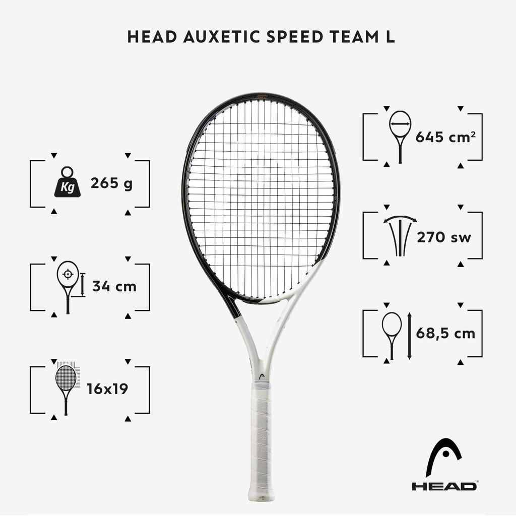 Suaugusiųjų teniso raketė „Auxetic Speed Team L“, 265 g, juoda ir balta