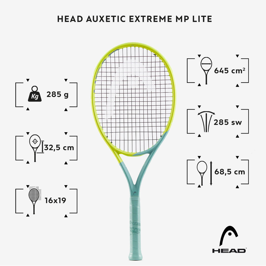 Pieaugušo tenisa rakete “Auxetic Extreme MP Lite”, 300 g, pelēka, dzeltena