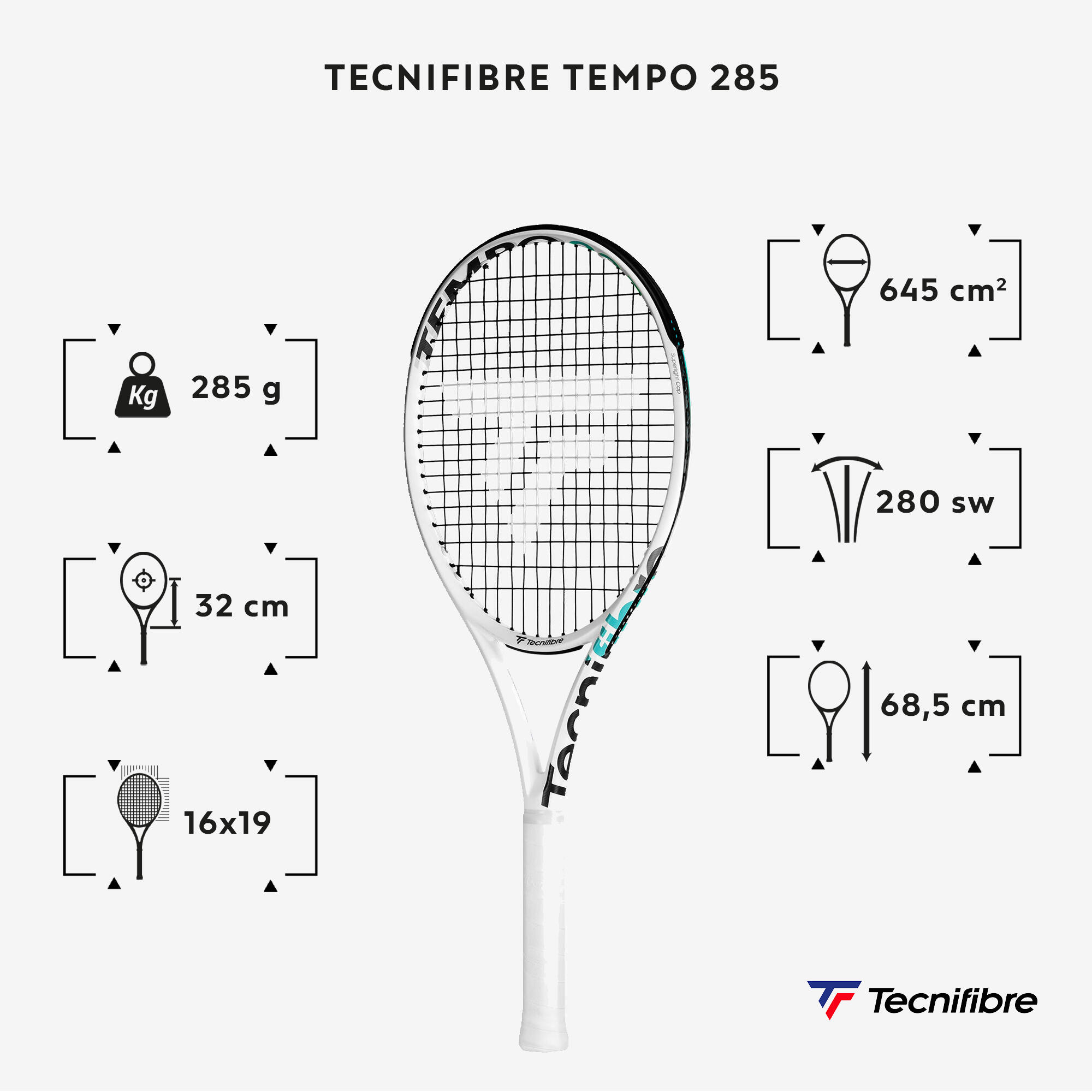 RAQUETTE DE TENNIS ADULTE - TECNIFIBRE TEMPO 285 BLANC NON CORDEE