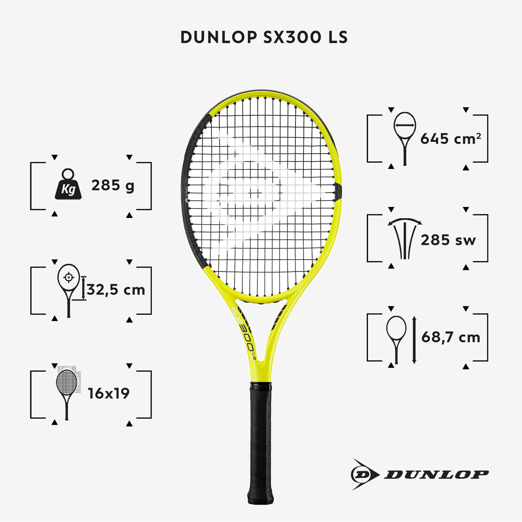 285 g Adult Tennis Racket SX300 LS - Yellow/Black DUNLOP - Decathlon