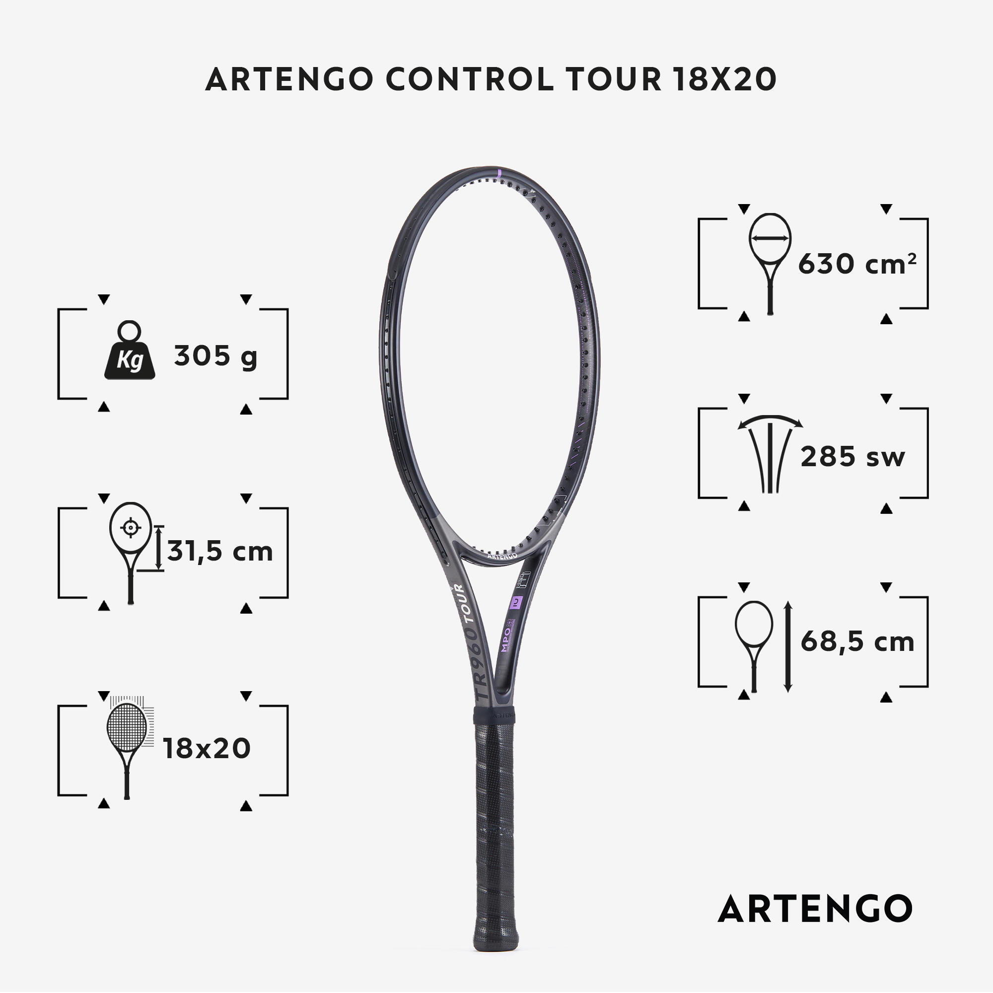 Adult Tennis Racket Control Tour TR960 18x20 Unstrung - Grey 