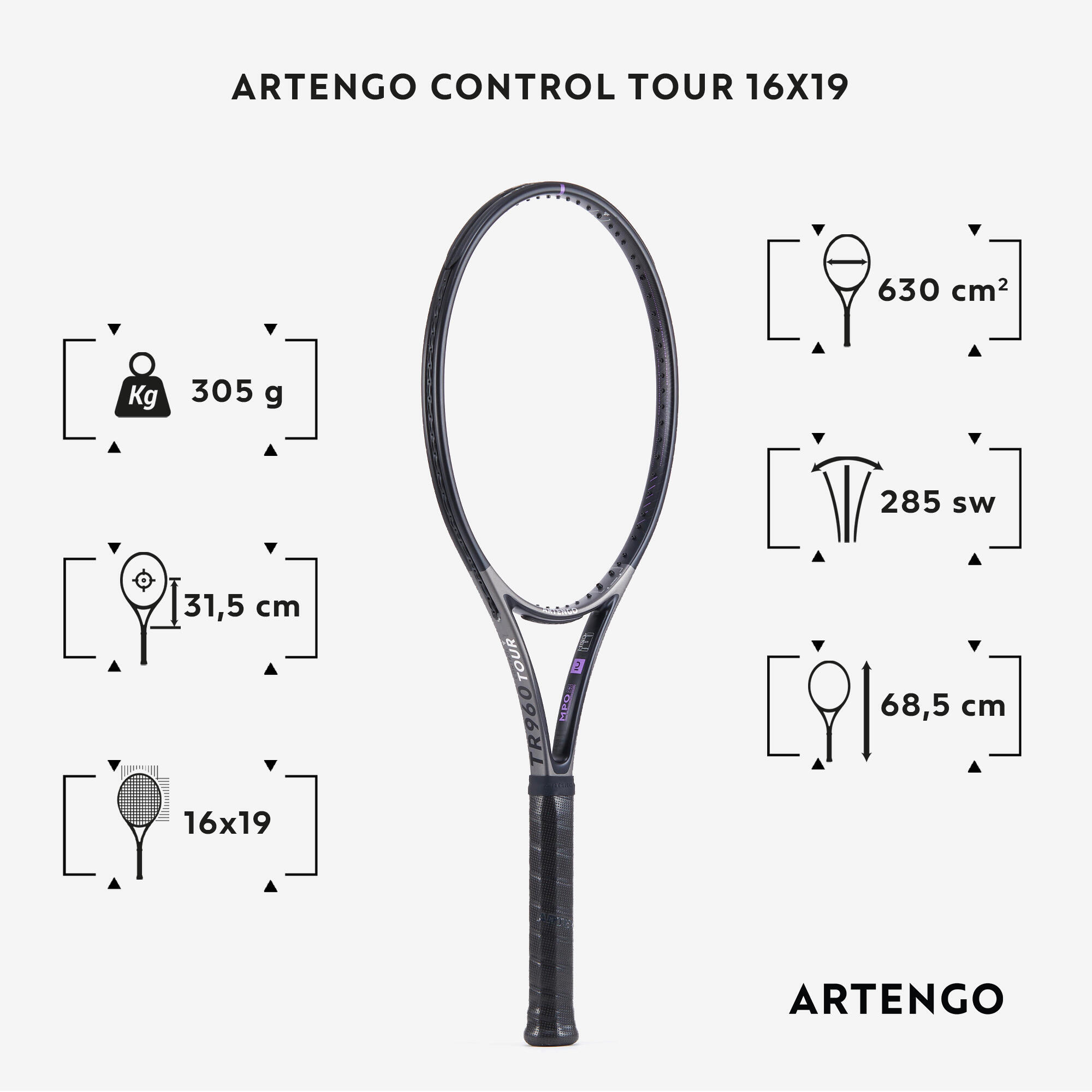 Adult Tennis Racket Control Tour TR960 16x19 Unstrung - Grey 2/12