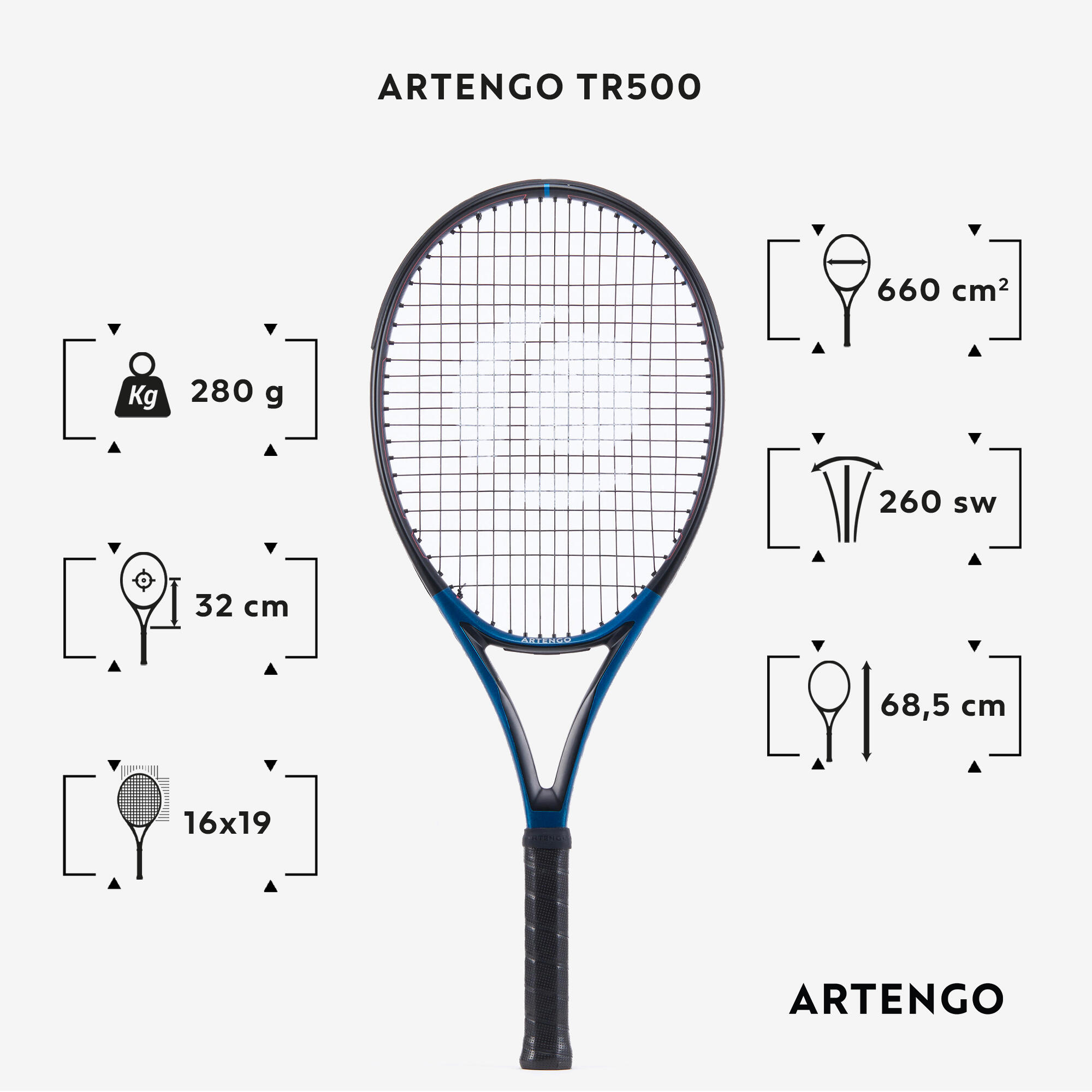 Raquette de tennis 280 g - TR 500 bleu - ARTENGO