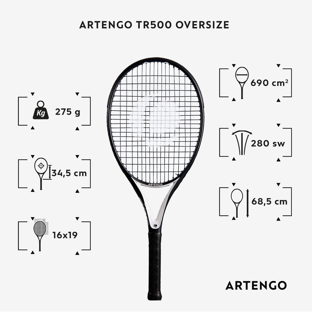 TENISKI REKET TR500 OVERSIZE ZA ODRASLE CRNO-BELI