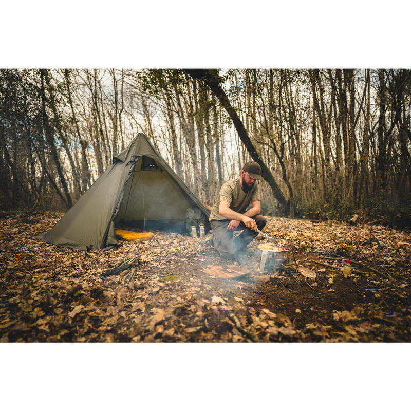 Plancha 30 cm pentru gătit pe foc, cu trepied Bushcraft oțel inoxidabil