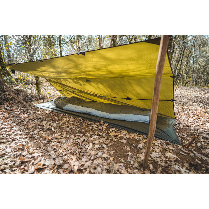 Compacte en lichte tarp voor bushcraften/wildkamperen waterdicht kaki 2,95 x 2,80 m