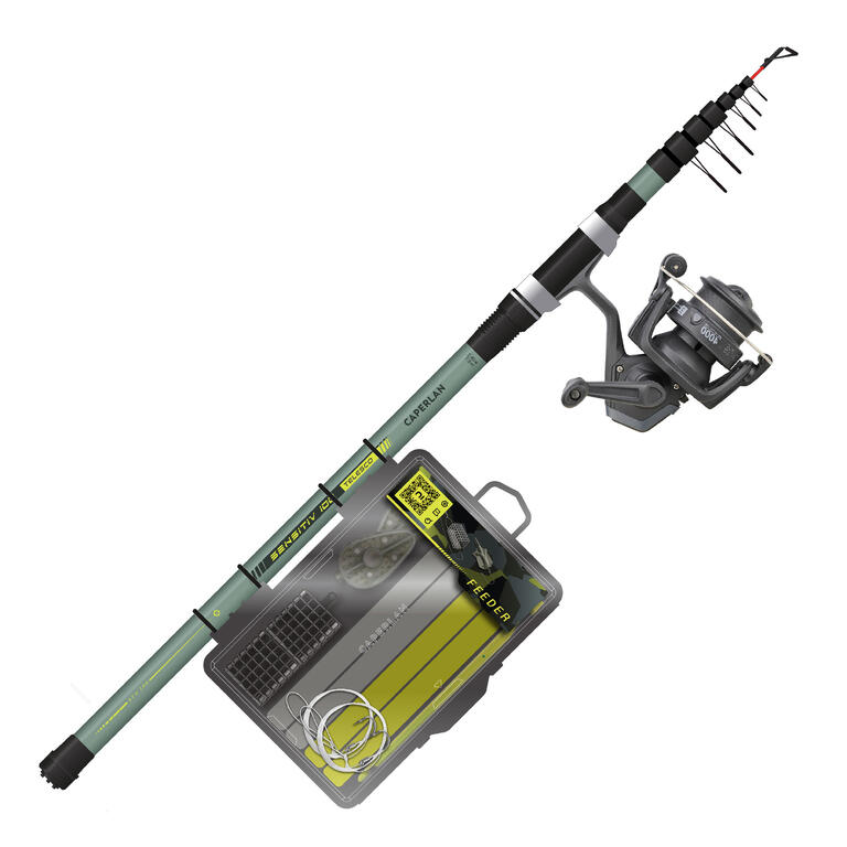 Caperlan Sensitiv 100 feeder komplet za ribolov, ki vsebuje teleskopsko palico, rolo in škatlo z dodatki za predvez.
