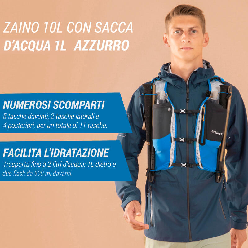 Zaino trail unisex 10L con sacca d'acqua 1L azzurro