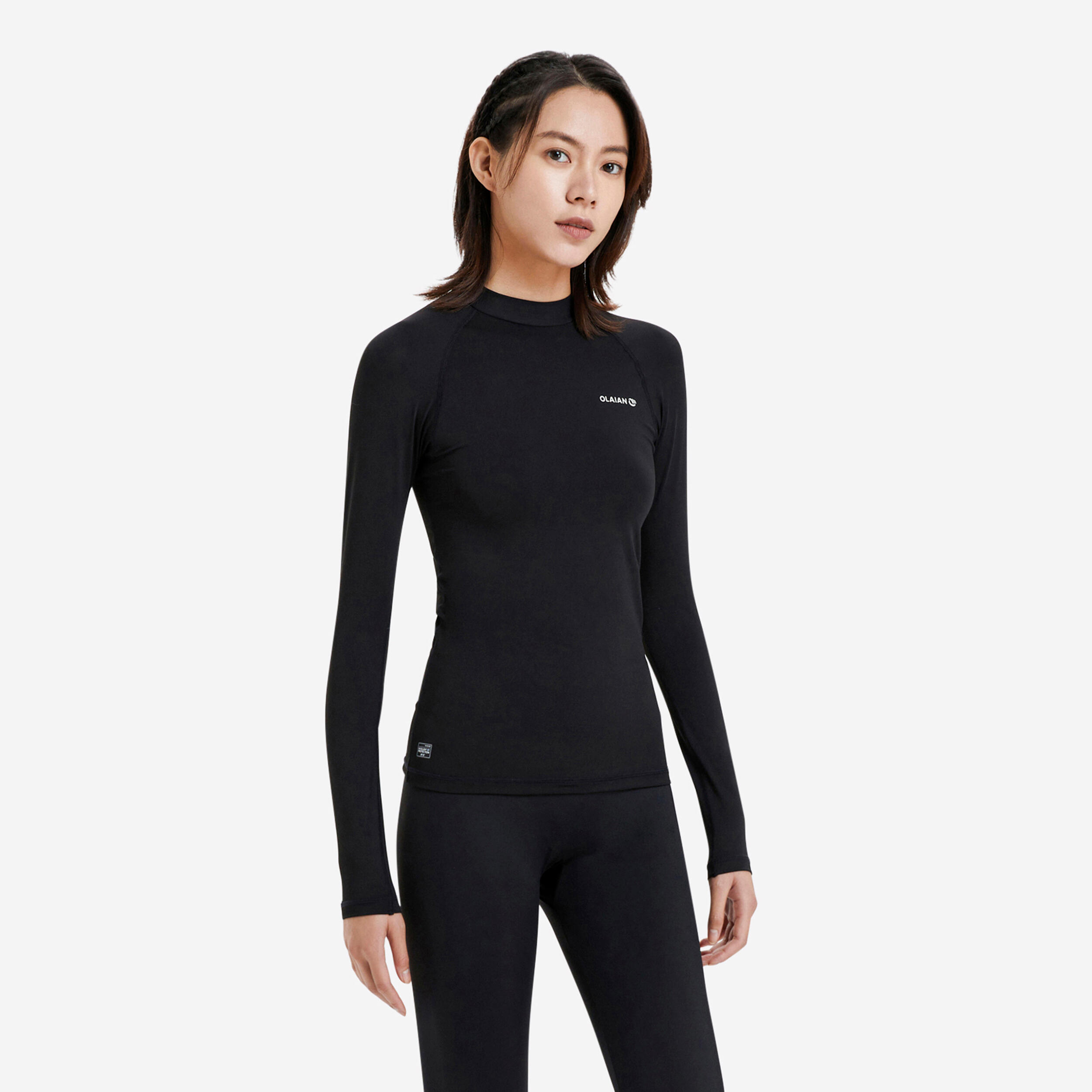 Women's Long-sleeved UV Surfing Rash Guard - 100 Black - OLAIAN