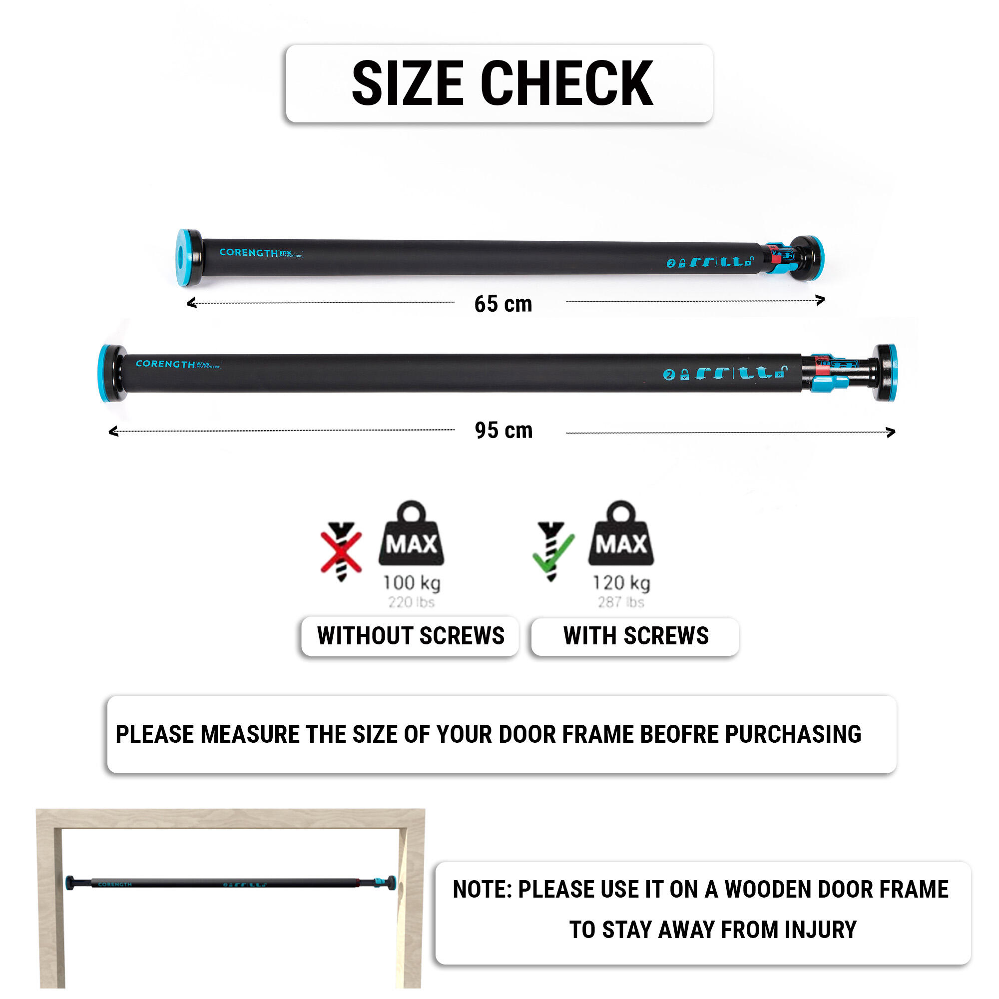 Pull Up Bar 70cm Door Lockable, Supports upto 120kg - Black/Blue