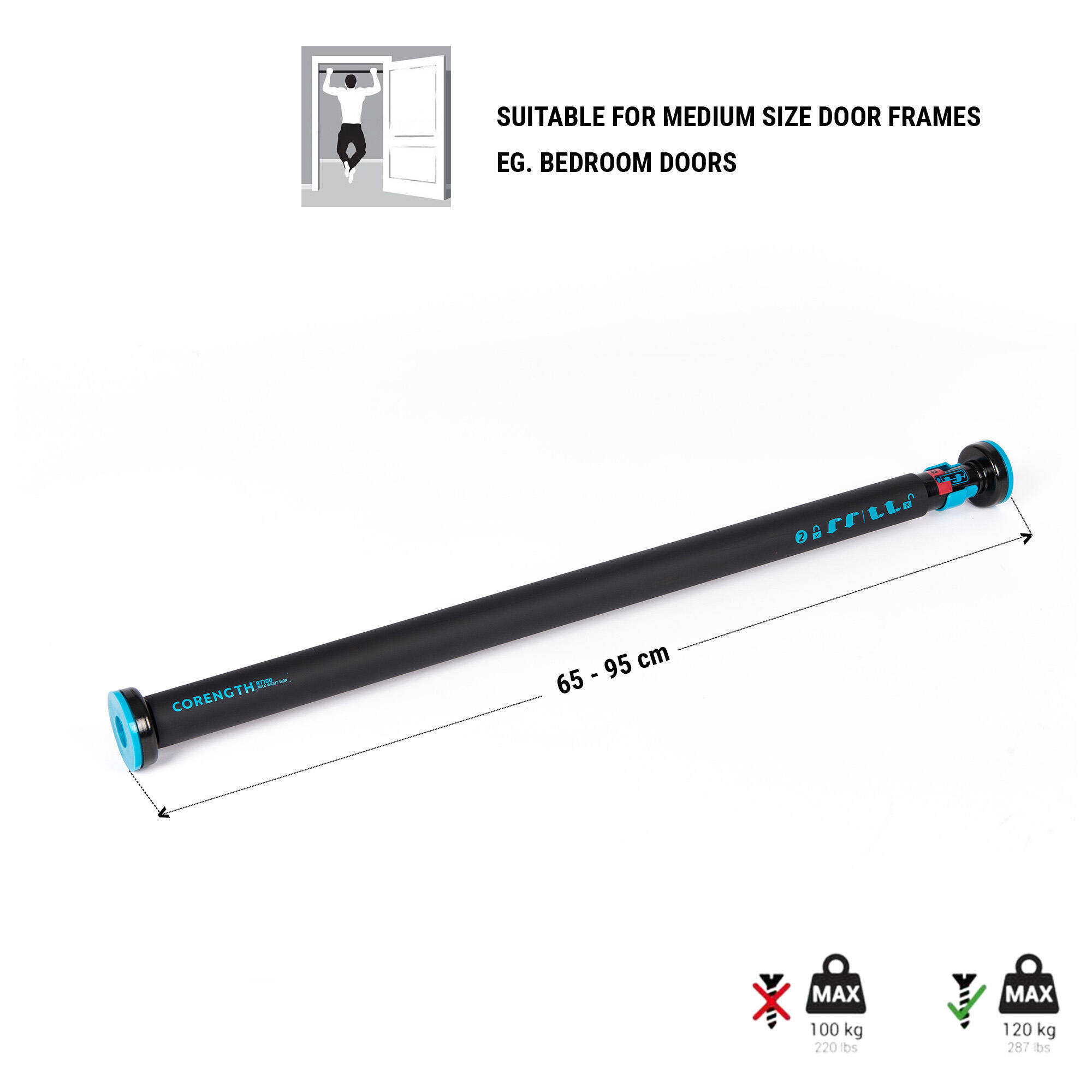 Pull Up Bar 70cm Door Lockable, Supports upto 120kg - Black/Blue -  3