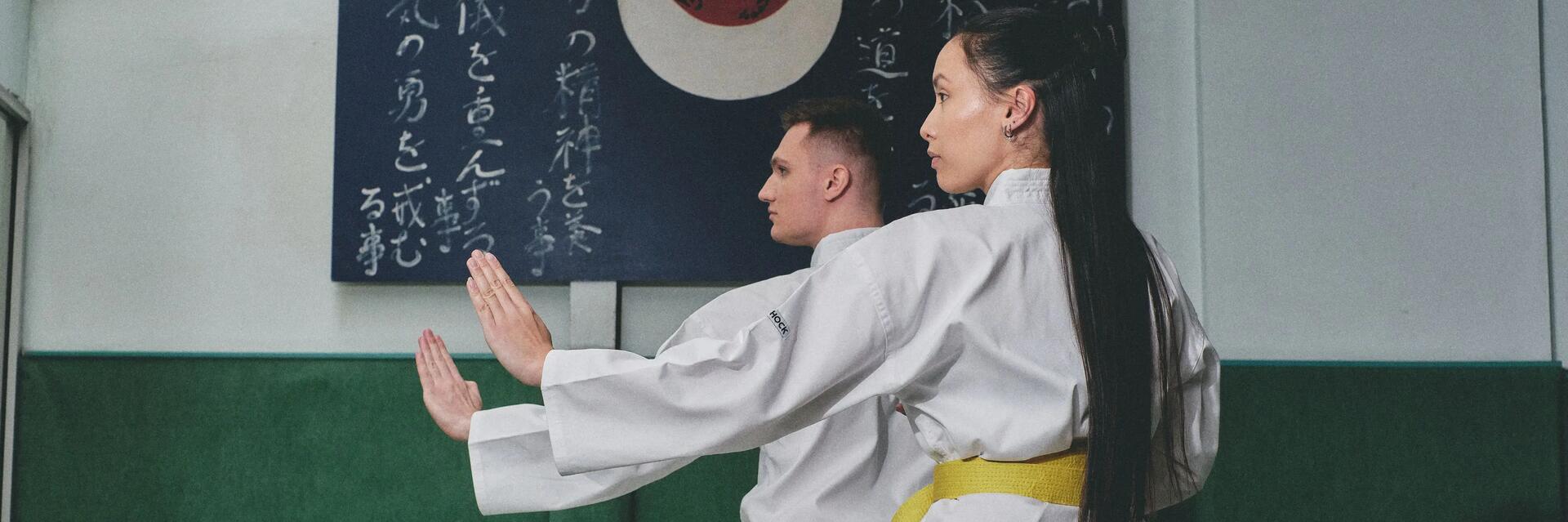 Paar bei einer Karate-Übung in Kampfkunst-Position