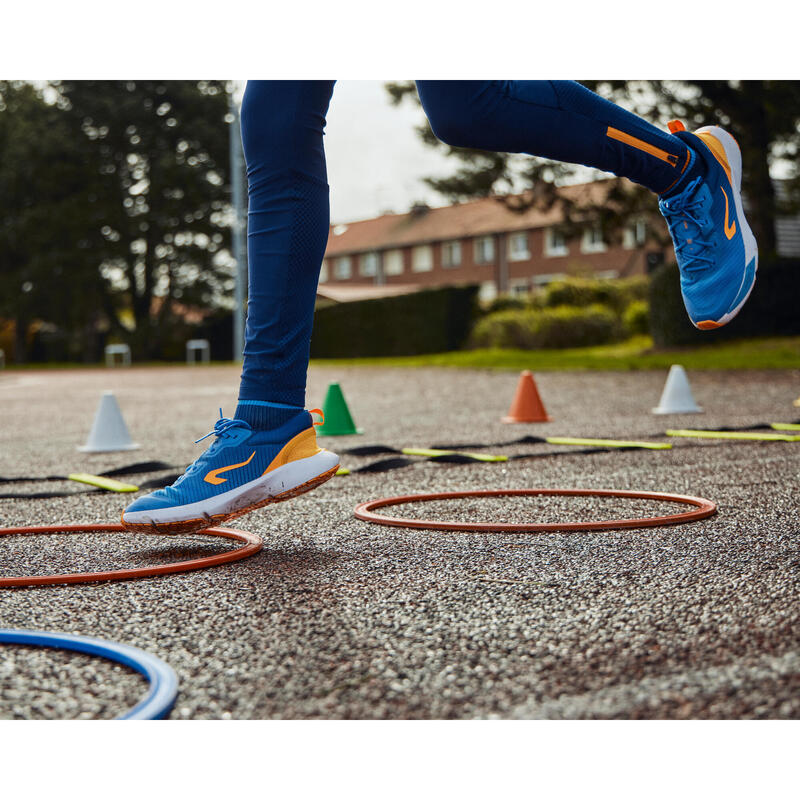 Calças justas de corrida Criança com fecho- KIPRUN DRY+ 500 azul marinho laranja