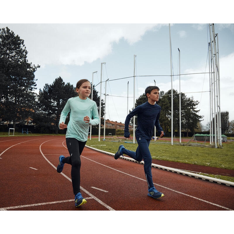 CALÇAS DE CORRIDA QUENTES CRIANÇA - KIPRUN WARM FECHO MARINHO CINZENTO