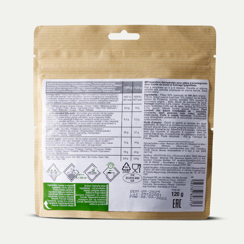 Repas déshydraté lyophilisé - Pâtes à la bolognaise - 120g